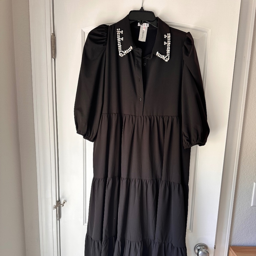 Black jewel embellished tiered midi dress